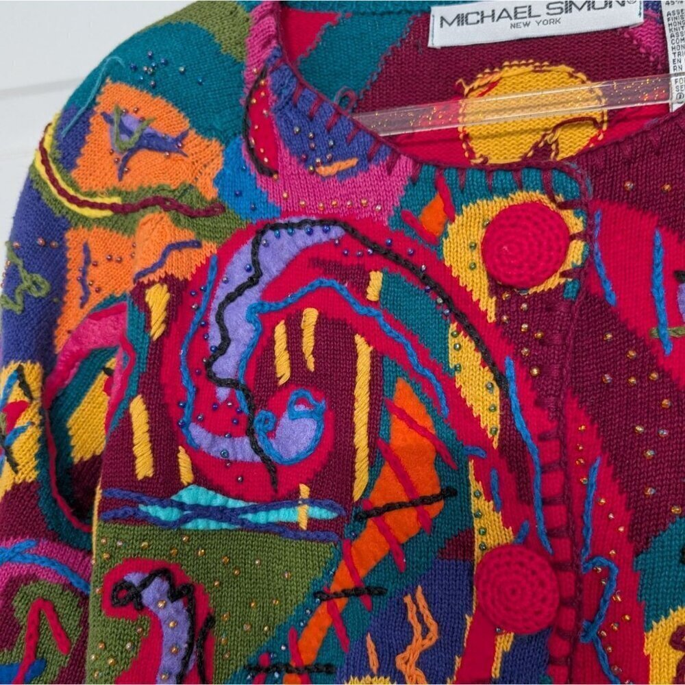 Vintage 90s Michael Simon Artsy Beaded Cardigan Womens Size Small Embroidered - Picture 3 of 12